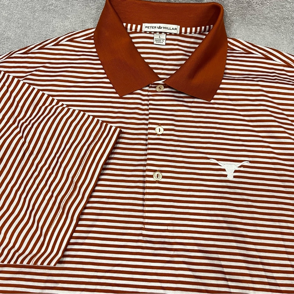 Peter Millar Shirt Mens Large Orange Striped Texas Longhorns UT Casual Golf Polo